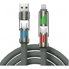 Câble USB 4-en-1 charge rapide 30W | USB-C vers USB silicone anti-nœuds LED RVB compatibilité multi-appareils et durable (2 m) - Gris